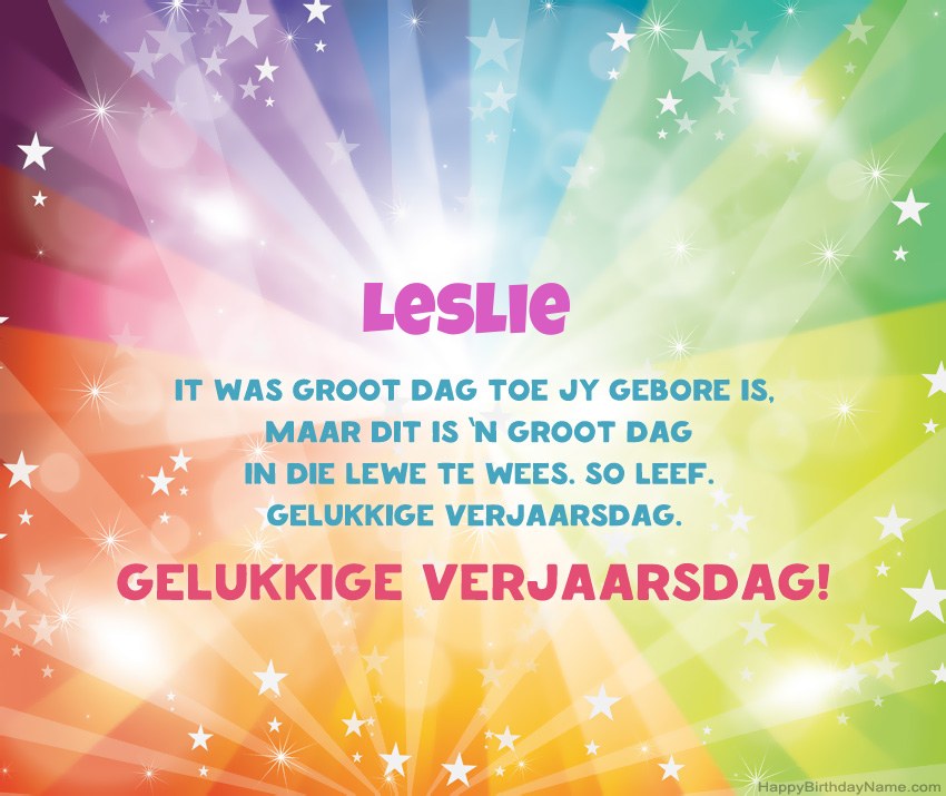 Pragtige gelukkige verjaardagkaartjies vir Leslie